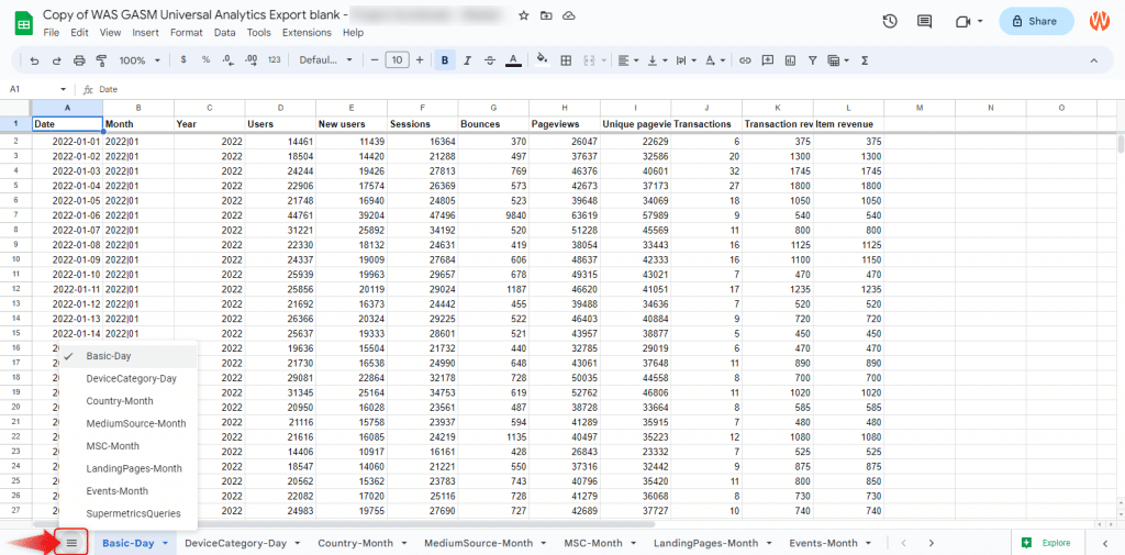 Google Analytics Data Exported to Google Sheets